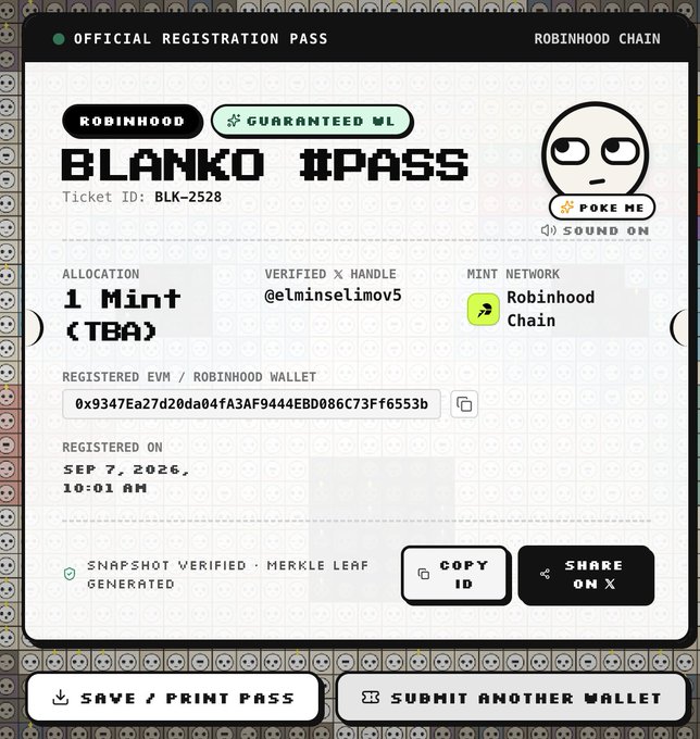 The image displays an "Official Registration Pass" for Blanko NFT on the Robinhood Chain, confirming a successful whitelist (WL) application with an allocation of 1 Mint (TBA), Ticket ID BLK-2528, registered to the X handle @elminseLimov5 and EVM address 0x9347Ea27d20da04fA3AF9444EBD086C73Ff6553b on September 7, 2026. This pass verifies the user's eligibility for a free mint of Blanko NFTs, supporting their post about applying for the WL opportunity and confirming they are now registered for the upcoming mint event.