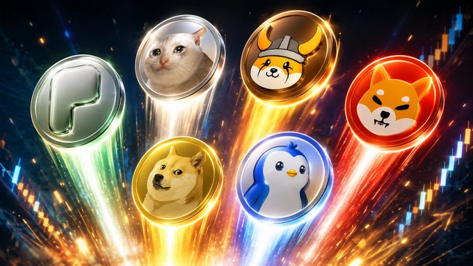 Five meme coin tokens fly upward with glowing trails against a financial candlestick chart background, featuring a cat, doge, shiba inu, viking dog, and penguin designs.