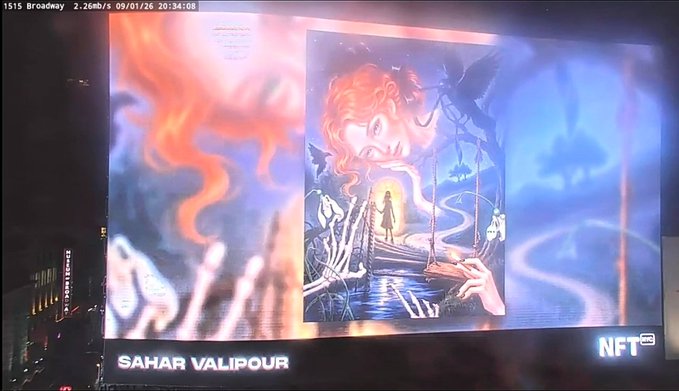 The artwork "Last Night I Dreamed" by Sahar Valipour is displayed on the 1515 Broadway billboard, featuring a surreal illustration of a figure on a bridge within a glowing portal against a face, as part of NFT.NYC.
