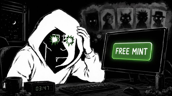 A black-and-white illustrated scene shows a hooded figure with glowing pixelated sunglasses at a computer displaying "FREE MINT" in a green box, with a digital clock reading 03:47.
