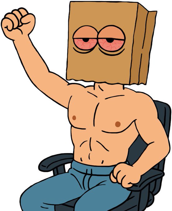 A cartoon illustration of a muscular shirtless man with a paper bag over his head, featuring bloodshot eyes drawn on the bag, sitting in an office chair with one fist raised.