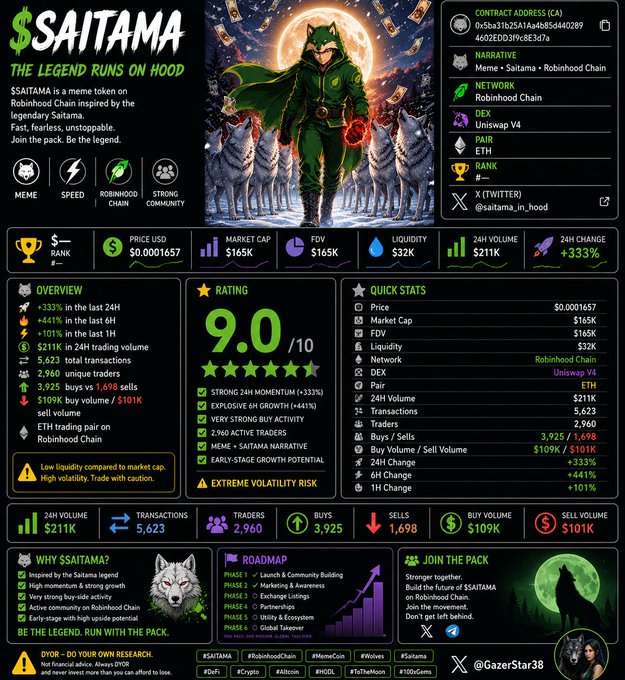 A detailed crypto token info page for $SAITAMA 'The Legend Runs on Hood' meme token on Robinhood Chain, showing a 9.0/10 rating, $165K market cap, $211K 24H volume, and extreme volatility risk.