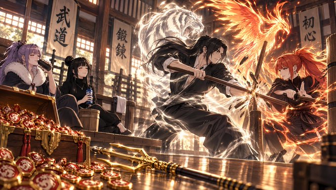 An anime-style illustration depicting characters in a traditional martial arts setting with Chinese characters '武道', '鍛鍊', and '初心' on banners; one character wields a flaming spear while a white tiger spirit appears in the background.
