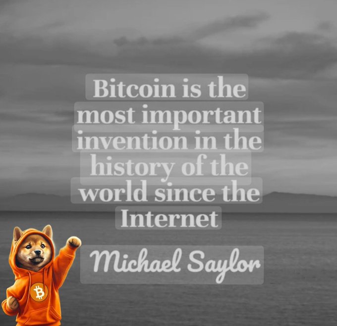 A motivational graphic featuring a Shiba Inu dog in an orange Bitcoin hoodie pointing upward, alongside the quote "Bitcoin is the most important invention in the history of the world since the Internet" attributed to Michael Saylor.