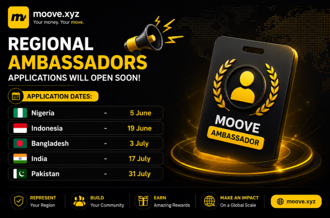 The image features a poster for the Regional Ambassador Program at Mooove, which is an online platform that connects users with social causes or projects around the world. The poster displays the application dates for the program, including Nigeria, Indonesia, Bangladesh, India, Pakistan, and more. The text on the poster highlights the importance of the program in connecting people to various global initiatives and projects.
