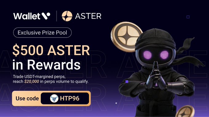 A promotional graphic for an 'Exclusive Prize Pool' offering '$500 ASTER in Rewards' for trading USDT-margined perps, featuring a ninja-like mascot and a promo code 'HTP96'.