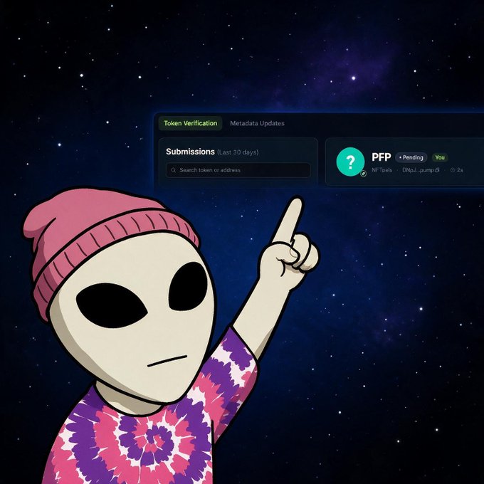 An illustration of an alien character wearing a pink beanie and a colorful tie-dye shirt points upward toward a dark user interface displaying 'Token Verification' and 'Submissions (last 30 days)', with a profile for 'PFP' marked 'Pending' against a starry purple background.