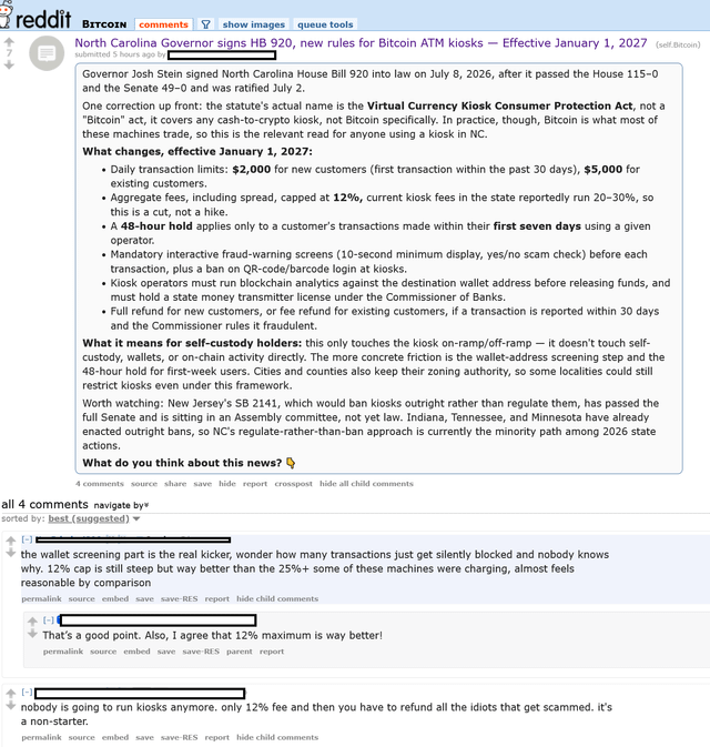 A Reddit post from r/Bitcoin titled 'North Carolina Governor signs HB 920, new rules for Bitcoin ATM kiosks — Effective January 1, 2027', detailing transaction limits, 12% aggregate fees cap, and 48-hour hold rules.
