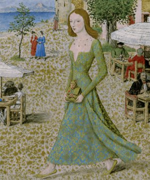 A woman in a medieval green gown walks through a courtyard carrying a small ornate purse, surrounded by figures seated at tables under canopies. The image reflects the "Medieval bags collection" post, with the purse she holds symbolizing the "Horned Goblin Purse" being offered on objkt.com for 2.5 XTZ.