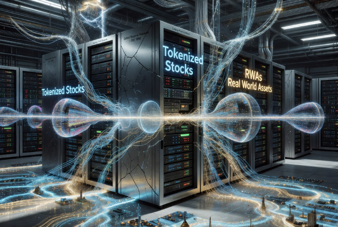 The image features a large server room with multiple servers, each connected by blue lines that create an abstract pattern resembling tree branches or vines. The servers are arranged in rows, creating a sense of depth and complexity within the space. In the background, there is text that reads "tokenized stocks", "RWAs", and "real world assets". This suggests that the server room may be related to tokenized stock trading or real-world asset management.