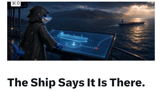 Surreal image of a hooded shark character at a control panel tracking a ship, with caption 'The Ship Says It Is There.'