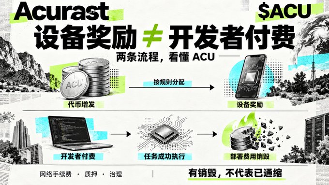 A promotional graphic for the ACURAST ($ACU) token, detailing two processes in Chinese: '设备奖励 ≠ 开发者付费' (Device rewards ≠ Developer fees). It illustrates token distribution to devices and a separate developer payment flow that includes token burns.