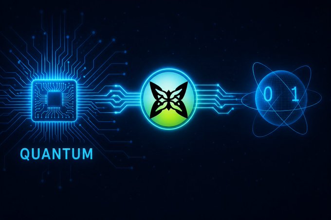 The image presents a logo for a new product named "Quantum" which is related to the concept of encryption, specifically with hash functions (link to Qubit network), along with another product called "Quip TGE". The Quantum design incorporates a butterfly and a circuit board, symbolizing the connection between quantum technology and security. This visual design represents how people can protect their information through hashing techniques and early preparation against potential threats or problems in the digital world.