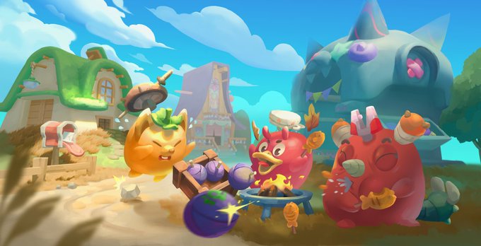 A colorful cartoon illustration of fantasy creatures including an orange pumpkin-headed character cooking, a pink bird-like creature, and a red dragon-like monster in a vibrant village setting.