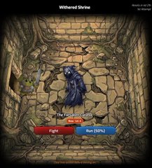 A character selection or information screen from a classic RPG titled 'Withered Shrine', displaying a pixel-art character in blue robes standing in a stone corridor, with HP/EXP bars and 'Fight' / 'Run (33%)' action options.