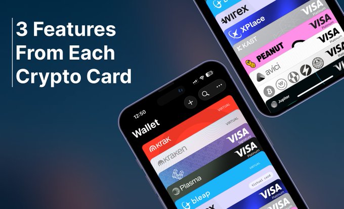 The image shows two smartphones displaying crypto card apps on a dark blue background, with the text "3 Features From Each Crypto Card." One phone shows a wallet app listing cards from providers including Kraken, Plasma, and Bleap, while the second phone displays cards from Wirex, KAST, Peanut, and Avici, with Visa branding visible throughout—both tying directly to the post highlighting standout features like 0% FX and self-custody across various crypto card providers.