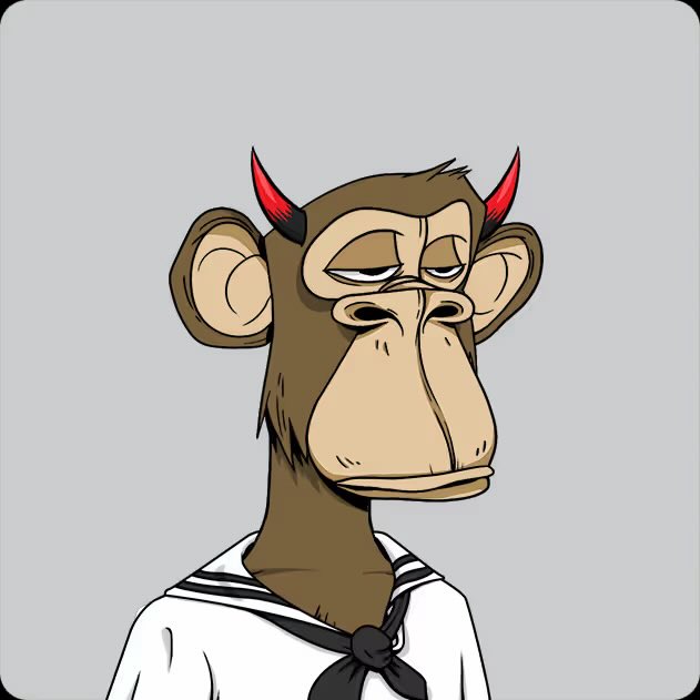 A cartoon illustration of a tired-looking monkey with small red devil horns wearing a sailor outfit with a black neckerchief.