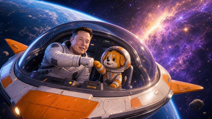A person and a cartoon dog wearing orange astronaut suits pilot a rocket through space with Earth and a colorful galaxy in the background. The image playfully ties to the $SpaceDog cryptocurrency project, with the suited dog mascot evoking the "space dog" theme of the airdrop's branding and treasury mechanism.