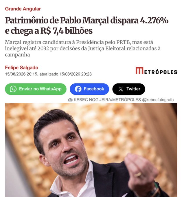 A news article from Metrópoles featuring Pablo Marçal, reporting that his declared assets surged 4,276% to R$ 7.4 billion, while noting his presidential candidacy registration through PRTB despite being ineligible until 2032 due to Electoral Court rulings.