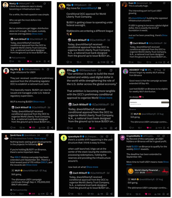 A collage of Twitter/X posts from various accounts (including @Manly, @Eja, @Zach Witkoff) discussing @worldlibertyfi and World Liberty Trust Company receiving OCC conditional approval for $USD1.