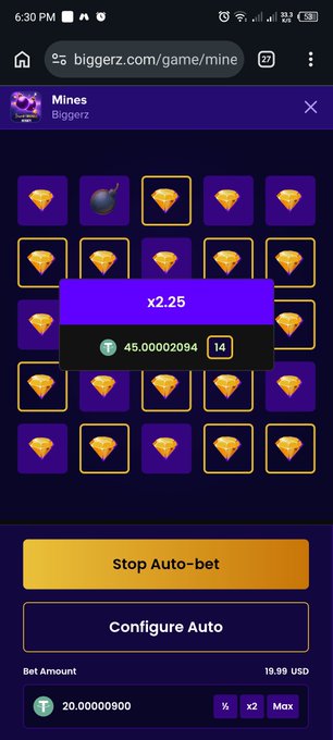 A mobile screenshot of a "Mines" gambling game by Biggerz showing a grid of gems, a bomb, and an active bet of 45.00 USDT with a 2.25x multiplier.