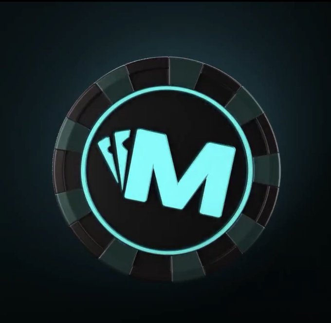 A glowing light blue circular logo featuring a stylized 'M' with card suit symbols, set against a dark background and resembling a poker chip.