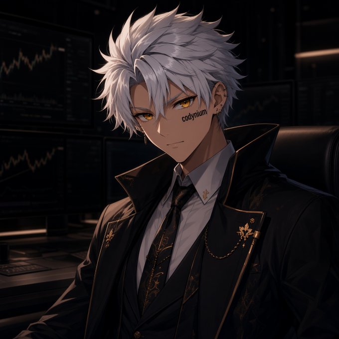 An anime-style digital illustration of a young man with spiky white hair, golden eyes, and a facial marking reading 'codynium', dressed in an elegant black suit with gold accents in a dimly lit room with monitors displaying stock charts.