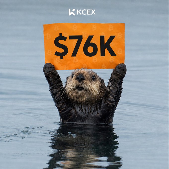 A sea otter emerging from water holding up an orange sign reading '$76K' with the 'KCEX' logo at the top, styled as a Bitcoin-themed promotional image.