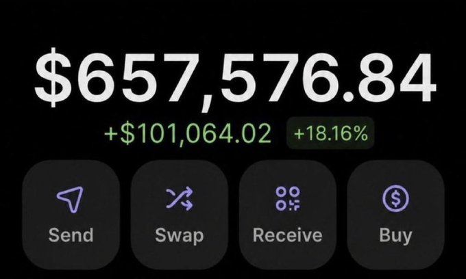 A digital wallet display showing a balance of $657,576.84, up by +$101,064.02 (+18.16%), with options for Send, Swap, Receive, and Buy.