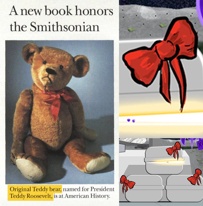 A magazine clipping on the left titled "A new book honors the Smithsonian" features a photo of the original Teddy bear named after President Teddy Roosevelt, housed at American History, adorned with a red ribbon bow. On the right, a screenshot from a video game or animation shows multiple gray rectangular objects decorated with similar red bows, mirroring the iconic look of the historical teddy bear, as referenced in the post by @scotoshii.