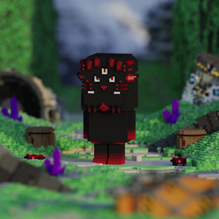 The image features a black cat standing in front of a forest with purple flowers. The cat has red ears and a tail, giving it a unique appearance. In the background, there are rocks and trees that add depth to the scene. The caption at the bottom of the image reads "Happy Monday! New week, same mission #XRP & #AlgoFAM". This suggests that the post is related to a Minecraft-style game or an AlgoFAM project, possibly discussing the cat's character design and its connection to the game world.