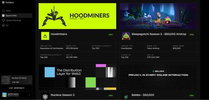 Nucleus platform dashboard showing crypto airdrop opportunities, including Hoodminers (GTD Whitelist), Sleepagotchi Season 3 ($50,000 Airdrop), and Beldex ($50,000), with a left sidebar showing "Nucleus S3 Active."