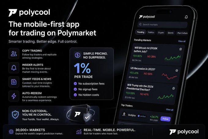 The image features a phone screen displaying the Polycool mobile app. The focus of the image seems to be on the app's trading features within a market context, but there isn't enough information provided about the app itself or its purpose in relation to the social media post. The app is developed by Polycool and designed for users who want to trade prediction markets directly from their phones, providing them with real-time information and insights into the markets.