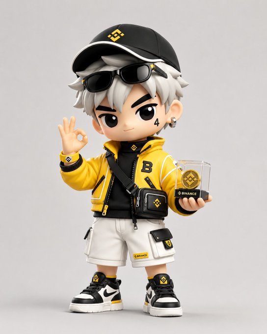 The image features a small figurine of a boy wearing sunglasses and holding a coin. The boy has a black hat with a yellow design and a yellow jacket. He also wears white shorts, a black backpack, and black shoes. The boy is standing against a gray background, giving him an urban or cityscape appearance. The post seems to be related to the game Binance Blind Box, as it mentions that there are "Binance Blind Box Call for Entries—I crafted this silver-haired cyberpunk doll." This suggests that the image might be promoting a gaming event or contest involving the Binance Blind Box game.