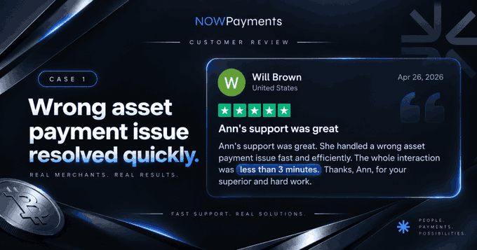 A customer review graphic for NOWPayments titled "Wrong asset payment issue resolved quickly," featuring a 5-star review from Will Brown in the United States dated Apr 26, 2026.