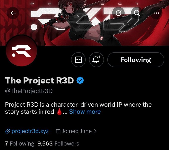 A Twitter/X profile page for 'The Project R3D' (@TheProjectR3D) showing the banner 'PROJECT R3D', a verified account with 9,563 followers and bio text 'Project R3D is a character-driven world IP where the story starts in red'.