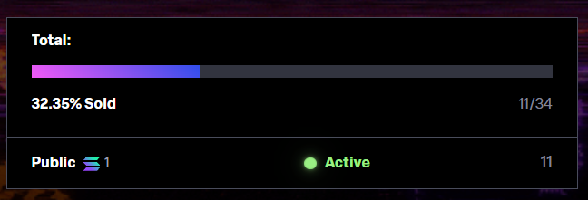 A dashboard progress bar showing 'Total: 32.35% Sold' and '11/34', with 'Public' showing 1 participant and a green 'Active' indicator for 11 users.