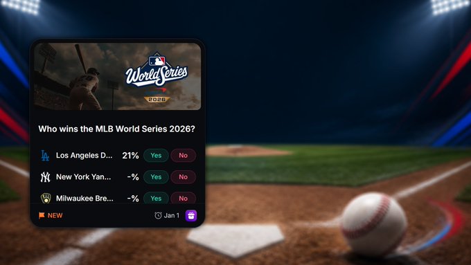 A prediction market card asking 'Who wins the MLB World Series 2026?' with betting odds for the Los Angeles Dodgers (21%), New York Yankees, and Milwaukee Brewers, displayed against a blurred baseball stadium background.