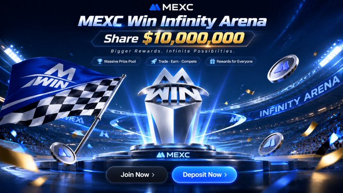 A promotional banner for the MEXC Win Infinity Arena campaign advertises a $10,000,000 prize pool with "Massive Prize Pool," "Trade·Earn·Compete," and "Rewards for Everyone" highlights, featuring a checkered flag and trophy design with "Join Now" and "Deposit Now" call-to-action buttons.

The image ties to the post by showcasing MEXC's promotional campaign, reinforcing the platform's active trading environment and special offers like the limited 0 Fee promotion mentioned, emphasizing that opportunities and rewards on MEXC are always available—even while traditional markets are closed.