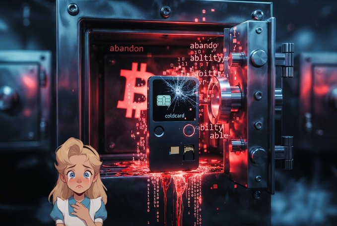 A digital artwork showing a cracked credit card labeled 'coldcard' trapped inside an open safe with red digital data, accompanied by an anime-style character on the left.