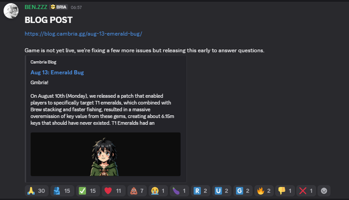 A Discord post by BEN.ZZZ linking to a Cambria Blog article titled 'Aug 13: Emerald Bug', explaining a patch issue that resulted in the overemission of 11 Emeralds.