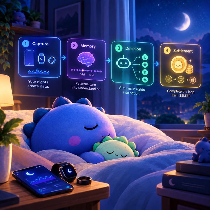 Digital illustration of a bedroom scene with a blue sleeping creature plush toy on a bed, alongside an infographic showing four steps: Capture, Memory, Decision, and Settlement related to sleep data and $SLEEP.