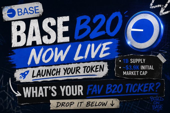The image announces that $BASE B20 is live and encourages users to launch their tokens with a 1B supply and ~$3.9K initial market cap, asking for their favorite B20 ticker. This directly relates to the post's call to action about activating $BASE B20 and engaging the community in token creation.