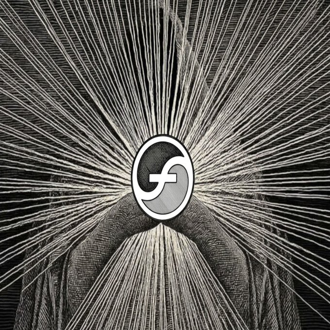A black-and-white, high-contrast engraved-style illustration featuring a hooded figure, with a circular yin-yang style logo in the center and rays radiating outward.