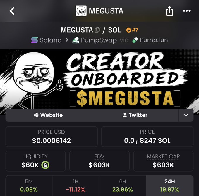 A DexScreener page for the $MEGUSTA memecoin on Solana (via PumpSwap/Pump.fun) displays a new "Creator Onboarded $MEGUSTA" banner featuring the iconic rage face meme, showing a current price of $0.0006142 with a $603K market cap and $60K liquidity.