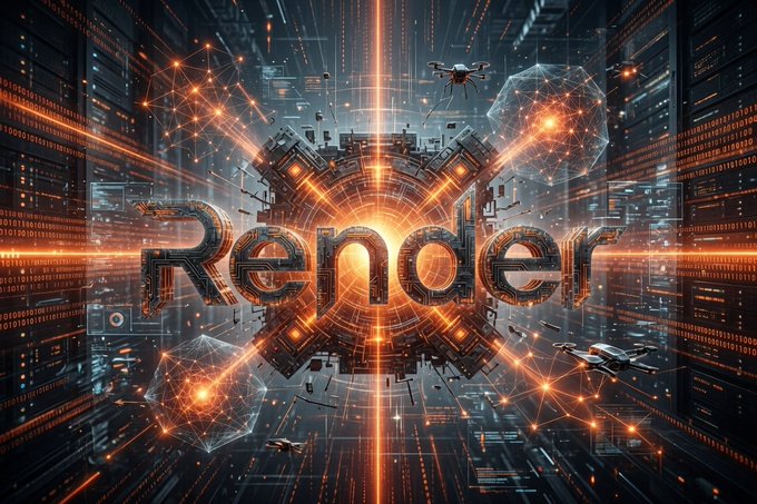 A futuristic digital illustration featuring the text "Render" in metallic lettering against a circuit-board backdrop with glowing orange neural networks, floating drones, and streaming data lines.

The image visually reinforces the post's bull thesis on Render ($RENDER), depicting the decentralized GPU network's technological infrastructure through imagery of interconnected nodes, drones (symbolizing distributed compute nodes), and circuit motifs that represent the marketplace powering AI and 3D rendering workloads across Solana.