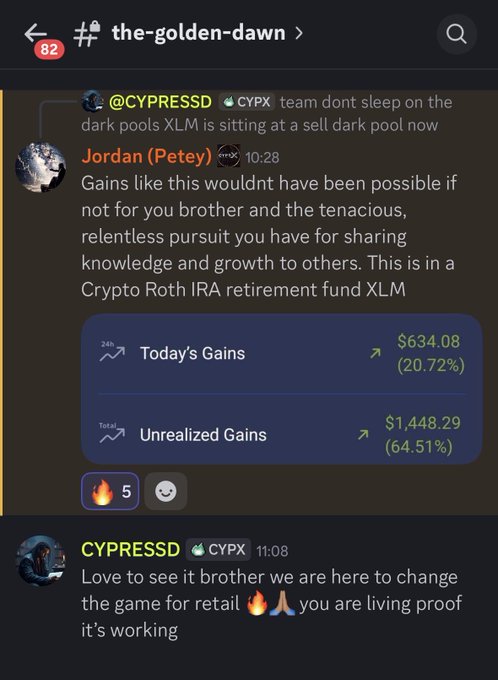 This image shows a conversation between two people discussing a cryptocurrency called 'Cyps'. The chat is taking place on a messaging app where various messages are being posted by the users. One person has written that they are a Cryptocurrency trader, while another has expressed their interest in seeing what it's all about and gaining access to better education, data, and a community dedicated to cryptocurrency.