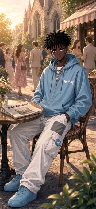 An anime-style illustration of a young Black man with dreadlocks wearing a blue "Hotboy" hoodie and white cargo pants, sitting at a café table with a newspaper titled "Sunday Morning News" in an outdoor European-style setting.