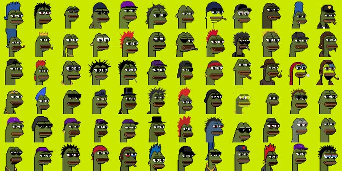 A grid of 6 rows displaying unique pixel art Pepe the Frog character variations with diverse hairstyles, hats, and accessories, accompanied by the text "9942.fun/gallery" representing a collection of 9,942 digital collectibles on the Robinhood chain.