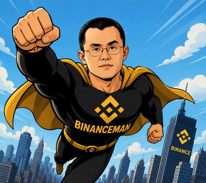 A comic-style illustration of a superhero figure flying over a city, wearing a black suit with a yellow cape and a Binance logo, with 'BINANCEMAN' written across the chest and a 'BINANCE' skyscraper in the background.